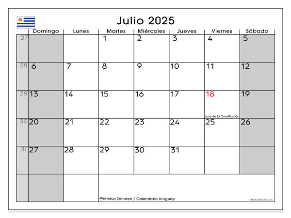 Kalendarz do druku, lipiec 2025, Urugwaj (DS)