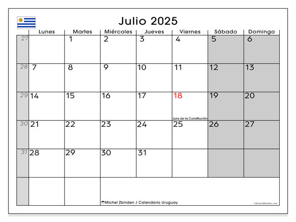 Tulostettava kalenteri, heinäkuu 2025, Uruguay (LD)