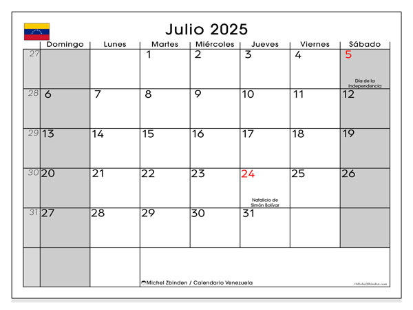 Kalendarz do druku, lipiec 2025, Wenezuela (DS)