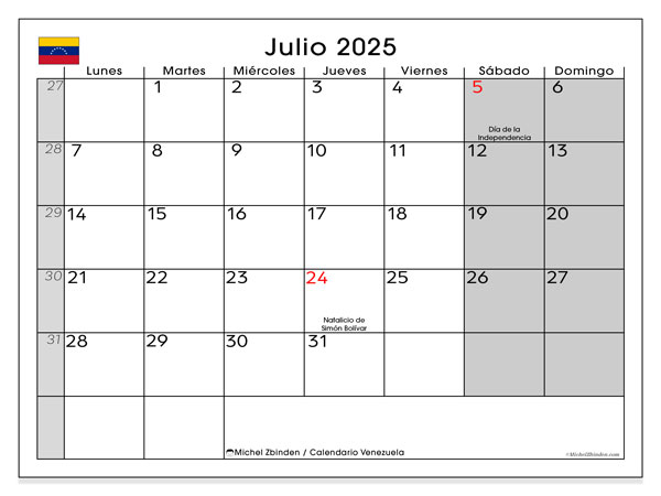 Kalender for utskrift, juli 2025, Venezuela (LD)