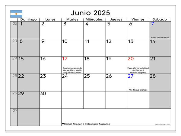 Kalender zum Ausdrucken, Juni 2025, Argentinien (DS)