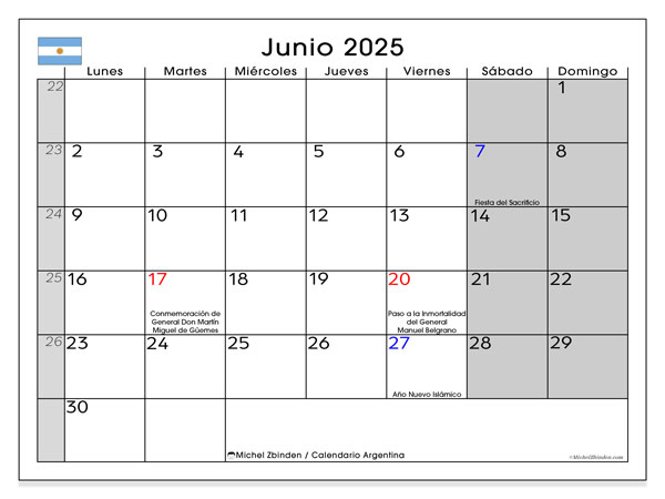 Calendario da stampare, giugno 2025, Argentina (LD)
