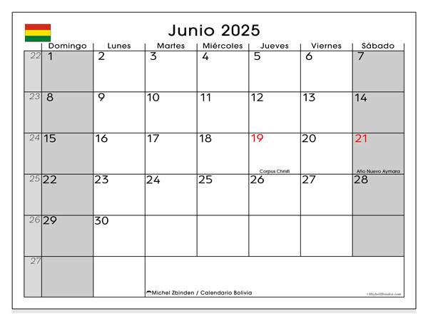 Kalender til udskrivning, juni 2025, Bolivia (DS)