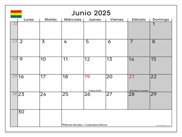 Kalender for utskrift, juni 2025, Bolivia (LD)