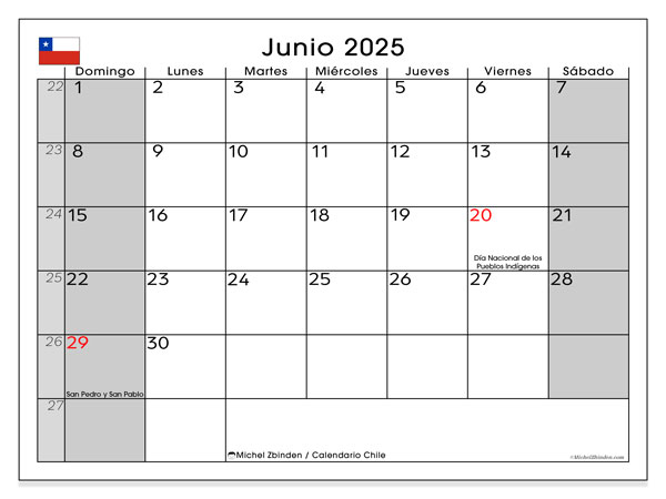 Kalender til udskrivning, juni 2025, Chile (DS)