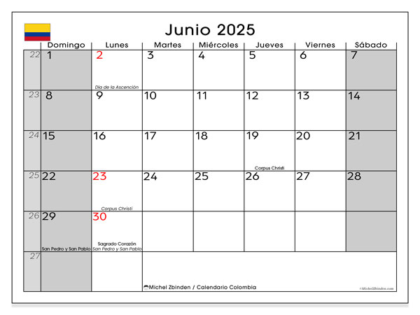 Tulostettava kalenteri, kesäkuu 2025, Kolumbia (DS)