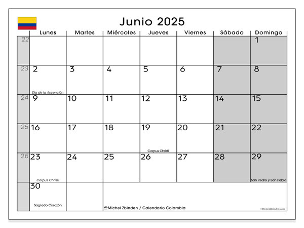 Kalender til udskrivning, juni 2025, Colombia (LD)