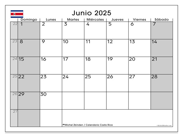 Kalender til udskrivning, juni 2025, Costa Rica (DS)