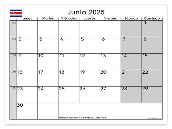 Calendario da stampare, giugno 2025, Costa Rica (LD)
