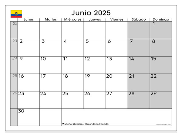 Kalendarz do druku, czerwiec 2025, Ekwador (LD)