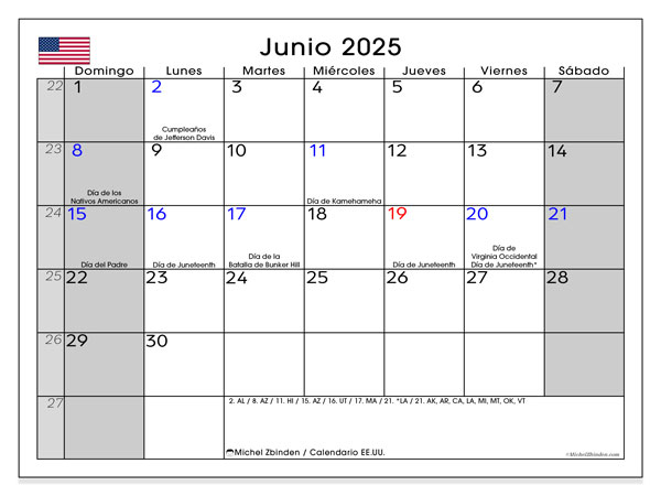 Kalendarz do druku, czerwiec 2025, USA (ES)