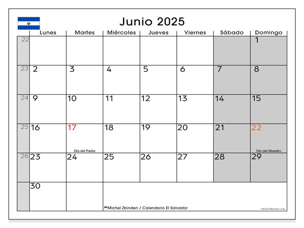 Calendario da stampare, giugno 2025, El Salvador (LD)