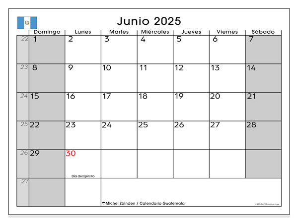 Kalendarz do druku, czerwiec 2025, Gwatemala (DS)