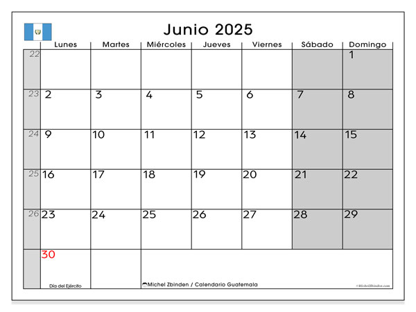 Kalender til udskrivning, juni 2025, Guatemala (LD)