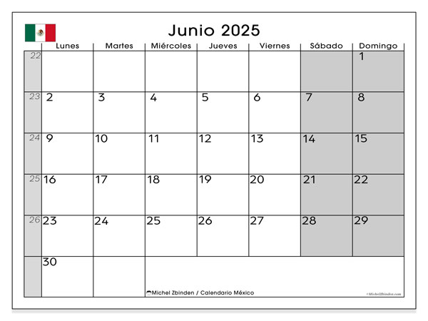 Calendrier à imprimer, iunie 2025, Mexic (LD)