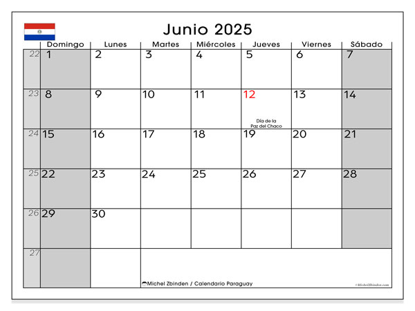 Kalender til udskrivning, juni 2025, Paraguay (DS)