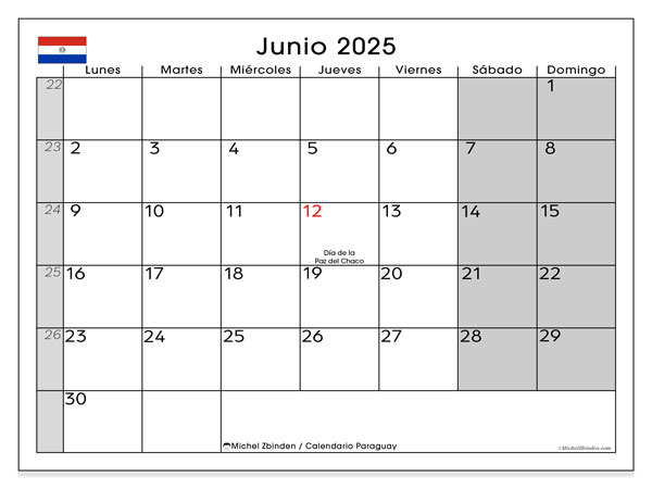 Tulostettava kalenteri, kesäkuu 2025, Paraguay (LD)