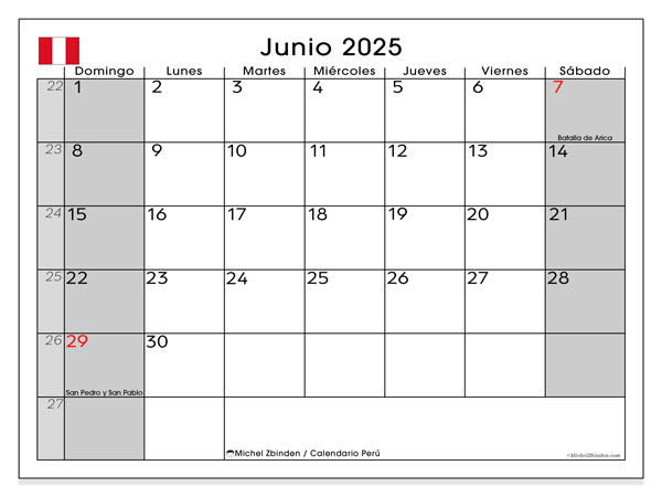 Kalender att skriva ut, juni 2025, Peru (DS)