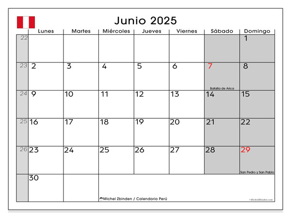 Tulostettava kalenteri, kesäkuu 2025, Peru (LD)