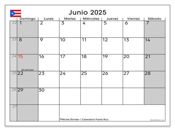 Tulostettava kalenteri, kesäkuu 2025, Puerto Rico