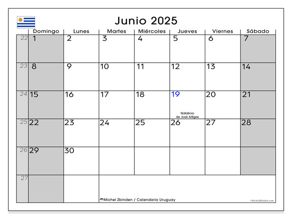 Tulostettava kalenteri, kesäkuu 2025, Uruguay (DS)