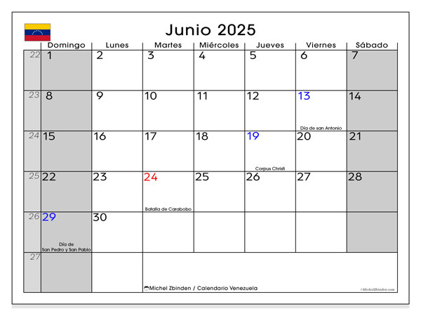 Kalender til udskrivning, juni 2025, Venezuela (DS)