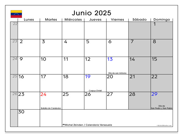 Kalender for utskrift, juni 2025, Venezuela (LD)