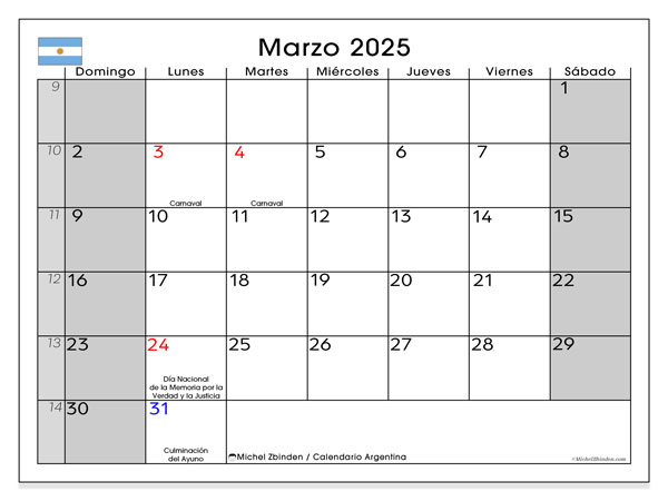 Kalender til udskrivning, marts 2025, Argentina (DS)