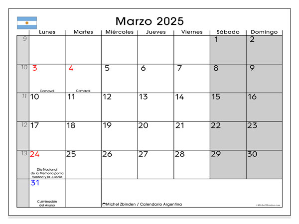Kalender März 2025 “Argentinien”. Programm zum Ausdrucken kostenlos.. Montag bis Sonntag