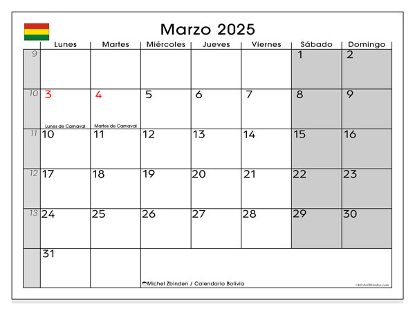 Kalendarz marzec 2025 “Boliwia”. Darmowy kalendarz do druku.. Od poniedziałku do niedzieli