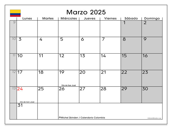 Kalendarz do druku, marzec 2025, Kolumbia (LD)