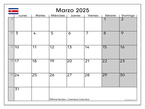 Kalendarz marzec 2025 “Kostaryka”. Darmowy plan do druku.. Od poniedziałku do niedzieli