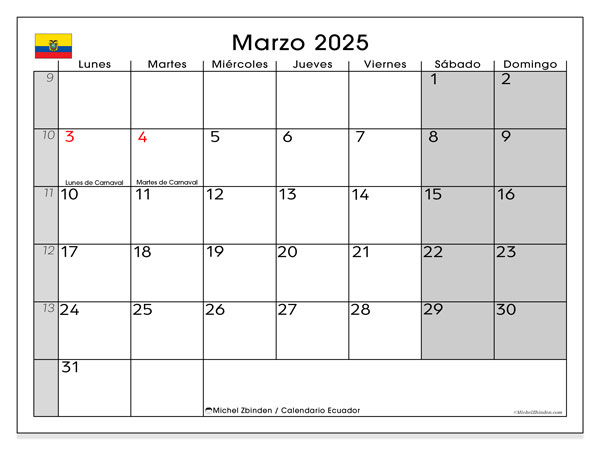 Kalender März 2025 “Ecuador”. Programm zum Ausdrucken kostenlos.. Montag bis Sonntag