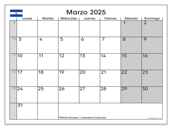 Kalender mars 2025 “El Salvador”. Gratis kalender som kan skrivas ut.. Måndag till söndag