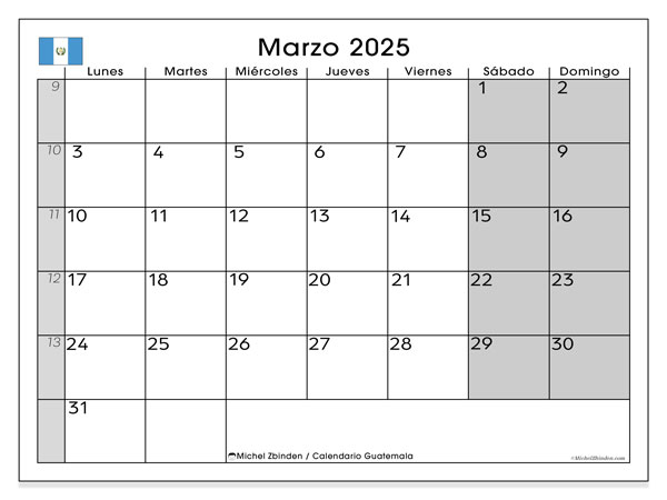 Kalender März 2025 “Guatemala”. Plan zum Ausdrucken kostenlos.. Montag bis Sonntag