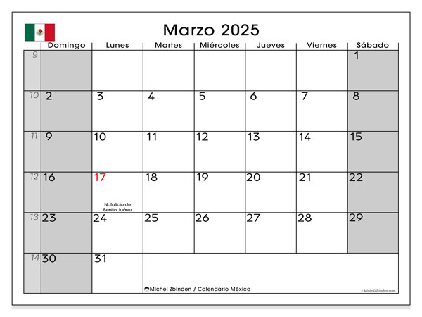Kalendarz marzec 2025 “Meksyk”. Darmowy kalendarz do druku.. Od niedzieli do soboty