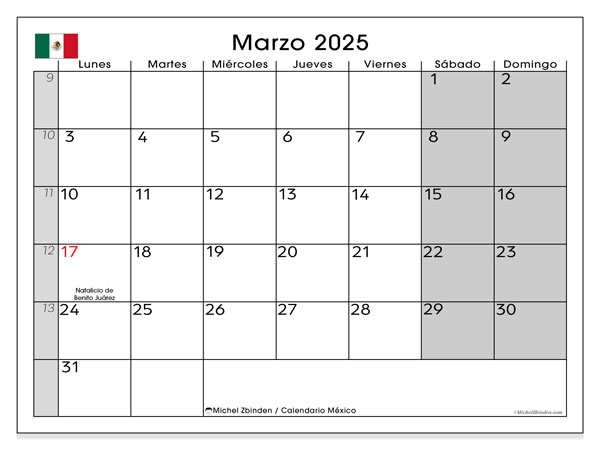 Kalendarz marzec 2025, Meksyk (ES). Darmowy dziennik do druku.