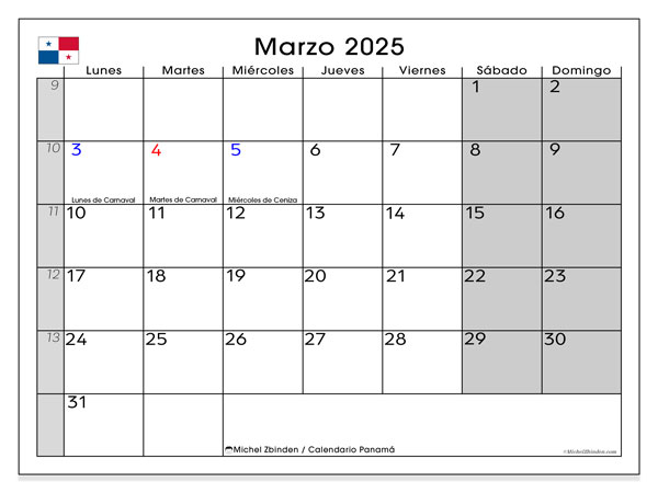 Calendario para imprimir, marzo 2025, Panamá (LD)
