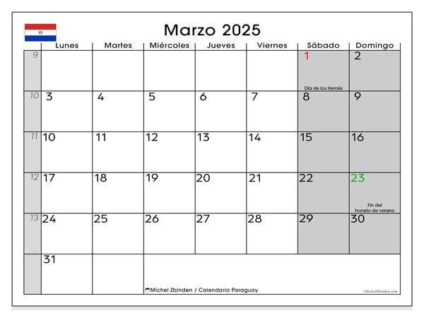 Kalendarz marzec 2025 “Paragwaj”. Darmowy kalendarz do druku.. Od poniedziałku do niedzieli