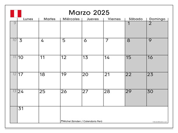 Kalender März 2025 “Peru”. Programm zum Ausdrucken kostenlos.. Montag bis Sonntag