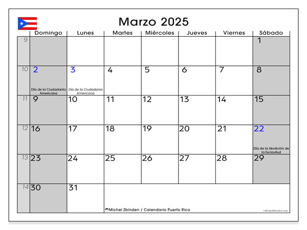 Kalender marts 2025 “Puerto Rico”. Gratis kalender til print.. Søndag til lørdag