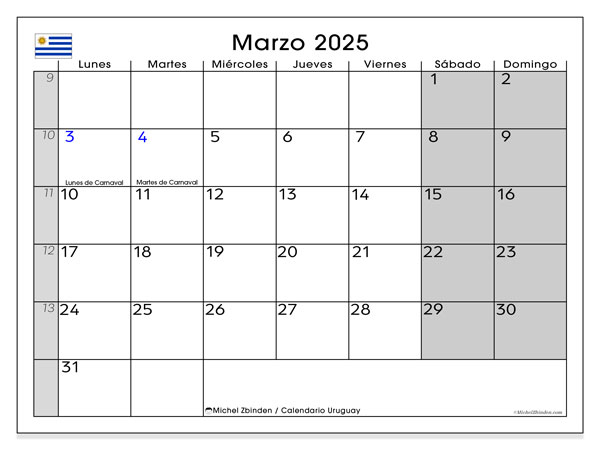 Kalendarz marzec 2025 “Urugwaj”. Darmowy kalendarz do druku.. Od poniedziałku do niedzieli
