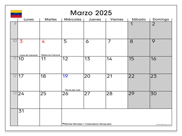Calendario marzo 2025 “Venezuela”. Calendario da stampare gratuito.. Da lunedì a domenica