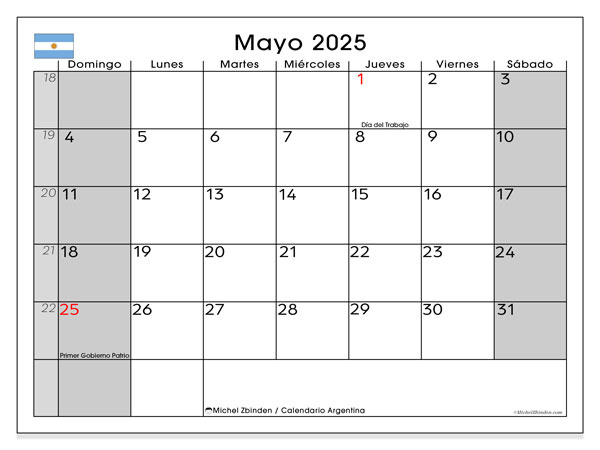 Kalender til udskrivning, maj 2025, Argentina (DS)