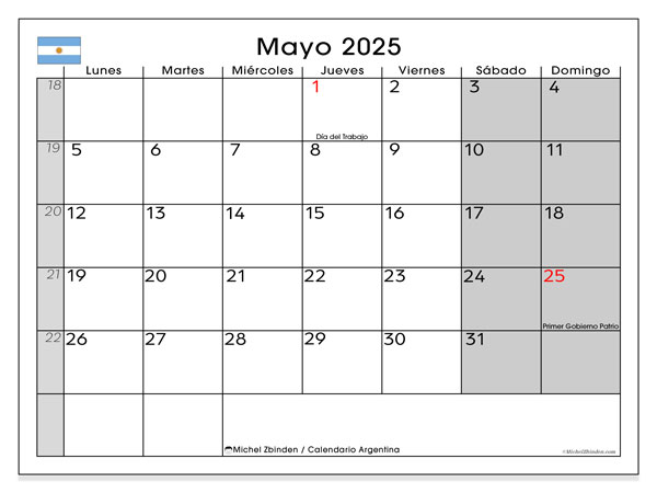 Calendrier à imprimer, mai 2025, Argentina (LD)