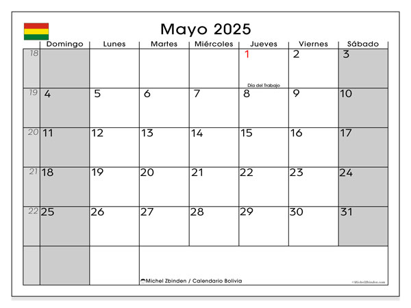 Kalender til udskrivning, maj 2025, Bolivia (DS)