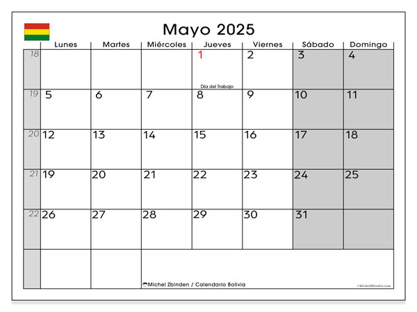 Kalender zum Ausdrucken, Mai 2025, Bolivien (LD)