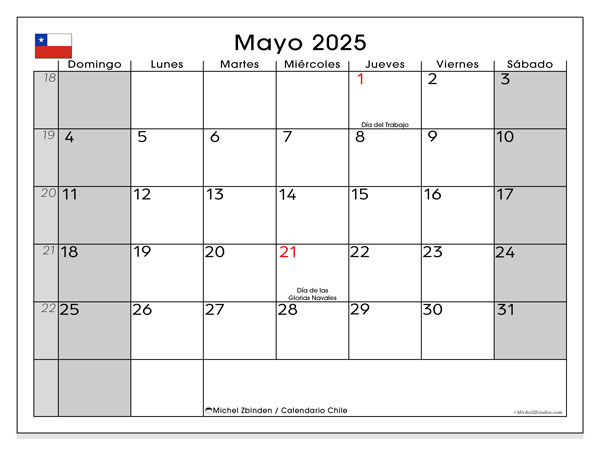 Kalender att skriva ut, maj 2025, Chile (DS)