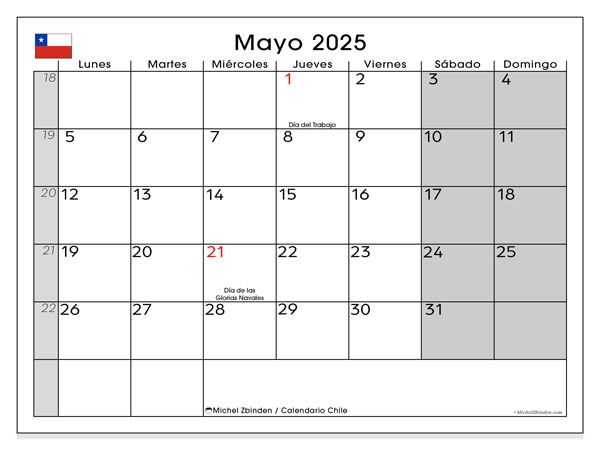 Kalender for utskrift, mai 2025, Chile (LD)