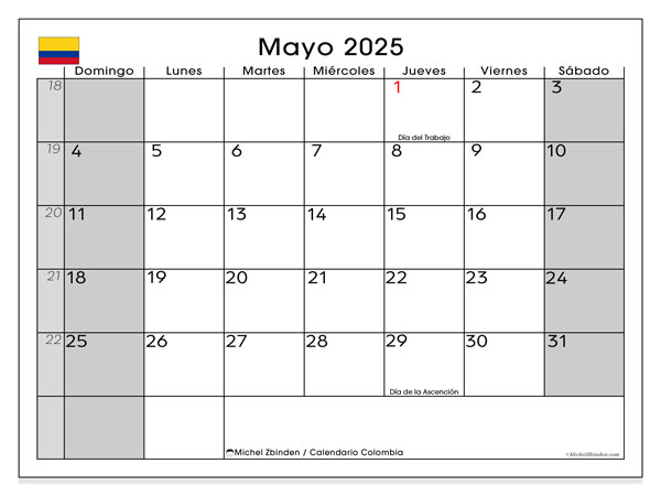 Kalender til udskrivning, maj 2025, Colombia (DS)